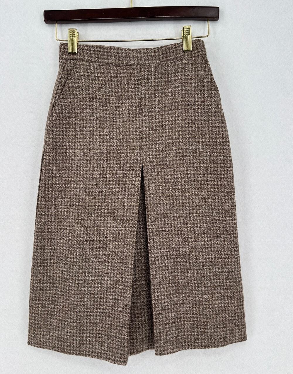 Vintage Paul Stuart Brown Houndstooth Wool Pleated Pencil Skirt Sz 8